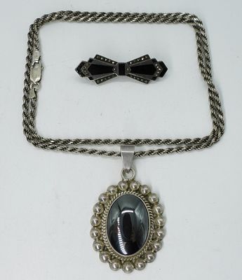 Large Hematite 925 Pendant & Art Deco Pin. Large pendant with beautiful hematite gemstone, 2". 