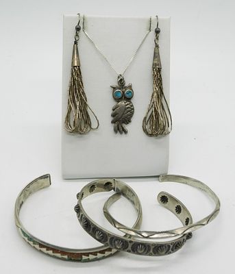 Turquoise Sterling Bracelets, Necklace & More. Pierced liquid sterling earrings, 2.5". 18" 