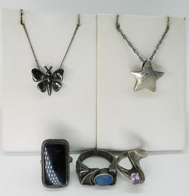 Vintage Sterling Rings & Necklaces. Two necklaces, 14" & 16". Three sterling rings with black 