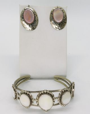 Mother of Pearl 925 Bracelet & Earrings. Sterling mother of pearl cuff bracelet, pink mother of 