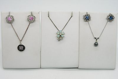 Opal, Pearl & More 925 Necklaces, Earrings. Three sterling necklaces. Opal flower, Black pearl & 
