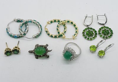 Green Opals & More 925 Earrings, Ring, Pin. 5 pair of pierced earrings with green gemstones 