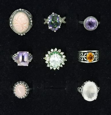 8 Sterling Fashion Rings with Gemstones. 8 Sterling Rings. Coral, Amethyst, Rose Quartz, Mystic 