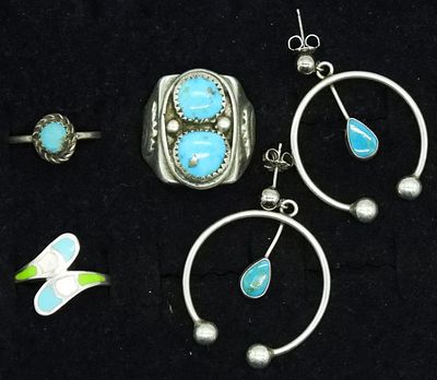Turquoise Sterling Rings & Earrings. One pair of pierced sterling earrings with turquoise 