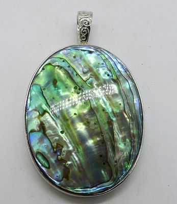 Very Large Abalone Sterling Pendant. Very large, sterling pendant with abalone shell center. 3" 