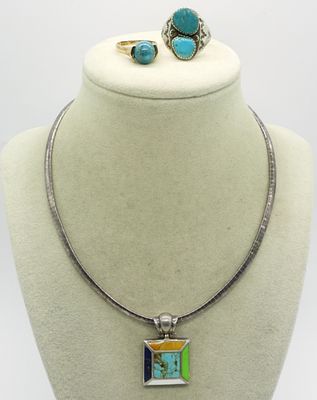 Turquoise 925 Rings & Necklace. Two sterling rings with turquoise gemstones, sizes 8 & 11.5. 