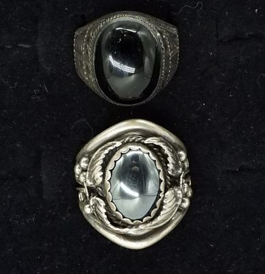 2 Large 925 Hematite & Black Onyx Rings. Two sterling large rings. One with black onyx and one 