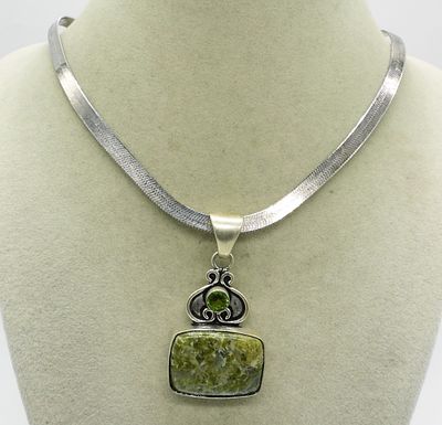 Green Jasper 925 Pendant & Chain. Green Jasper & Peridot Sterling Charm, 2". Sterling 