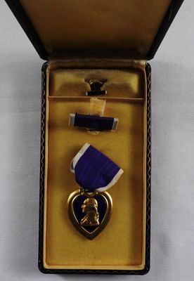 Purple Heart Medal Ribbon & Pin Original Box. Purple Heart medal, pin, and ribbon, no name 