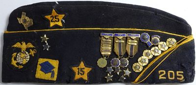 American Legion Wool Cap. Very old and has holes. Harlingen, Tex 205. With 4 patches and 19 pins 