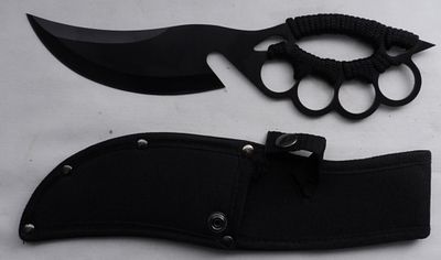 Fixed Blade Knife with Knuckles. Has a black nylon sheath and is wrapped in paracord