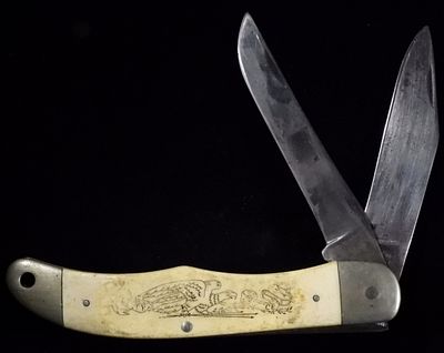 Schrade 261SC Two-Blade. The Mayflower 1620 is on one side and eagle with justice is on the 