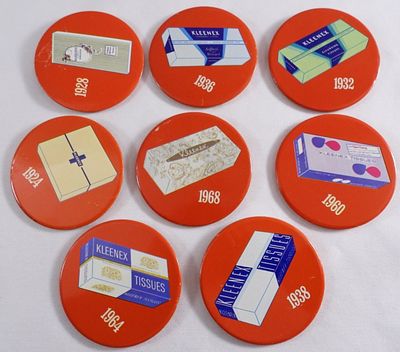 (8) Kleenex Tissue Pins. Years 1924, 1928, 1932,1936, 1938,1960,1964, and 1968
