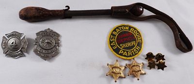 Police & Fire Lot. Leather-covered billy/bully club. East Baton Rouge Sheriff patch. (6) pins. 