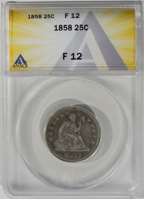 1858 Seated Quarter, ANACS Fine 12. Bid live now!