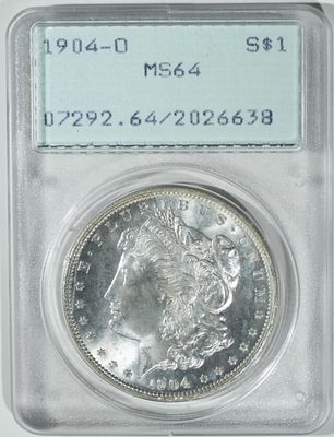 1904-O Morgan Dollar, PCGS MS-64. Rattler holder