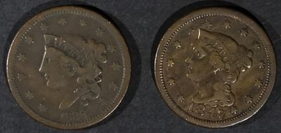 (2) Circ Large Cents- 1838 & 1847. Top rated auction house