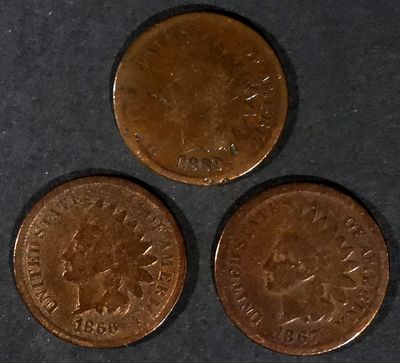 (3) Circ Semi Key Date Indian Head Cents. 1866, 1867, & 1868