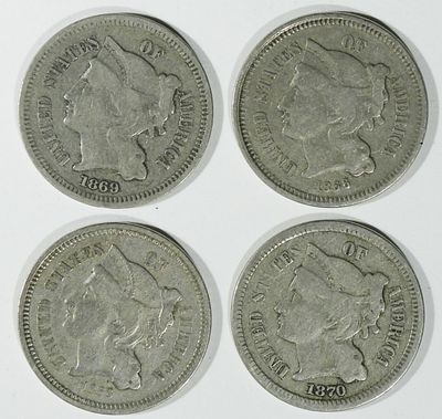 (4) Average Circ 3 Cent Nickels. 1868, 1866,1870, 1869
