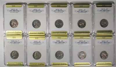 (10) Proof Jefferson Nickels in SGS. Top rated auction house