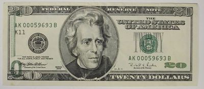 1996 $20 Error Note. Revers ink on obverse