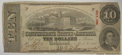 1863 $10 Confederate Note. Richmond, VA April 6, 1863