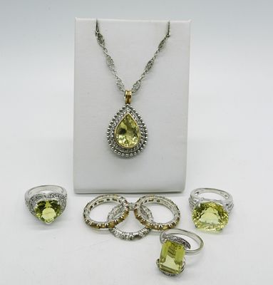 Yellow Green Gemstone 925 Rings & Necklace. Three yellow-green gemstone rings, two citrine & one 