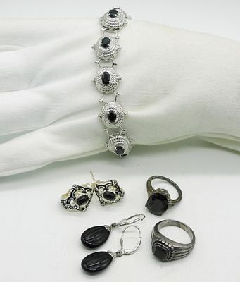 Black Gemstone 925 Rings, Earrings, Bracelet. Black Onyx or Spinel sterling jewelry. Bracelet is 