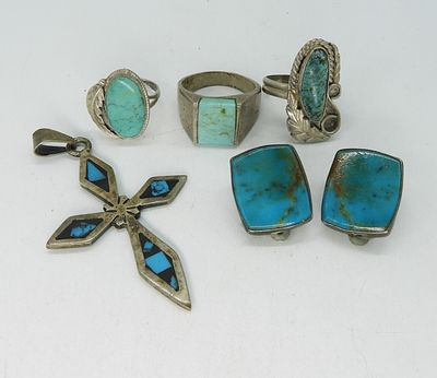 Turquoise Sterling Rings & More. Five sterling turquoise pieces of jewelry. Three rings, sizes 5 