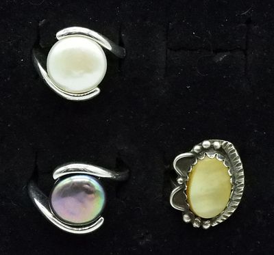 Pearl & Mother of Pearl 925 Rings. Three sterling rings, Pearls & Mother of Pearl. Sizes 5, 8 