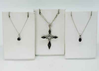 Onyx, Hematite & Sapphire 925 Necklaces. Three sterling necklaces. Cross has black onyx 