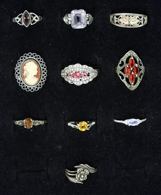 10 Sterling Fashion Gemstone Rings. Ten sterling fashion gemstone rings. Amethyst, Citrine 