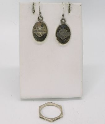 Harley Davidson 925 Earrings & Ring. Harley Davidson, sterling pierced earrings. 1.5" long. Ring 