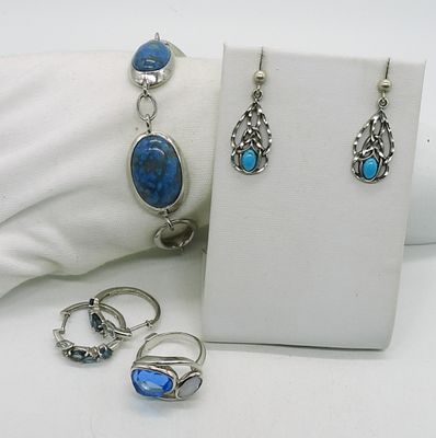 Turquoise & Blue Topaz 925 Jewelry. Turquoise gemstone, sterling toggle bracelet. 7.5". Two pair 
