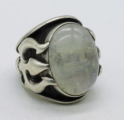 Mercurious Designs Trident Moonstone Ring. Sterling silver ring with tridents on the sides. Very 