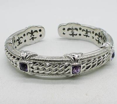 Judith Ripka 925 Amethyst Hinged Bracelet. Judith Ripka sterling bracelet with amethyst 