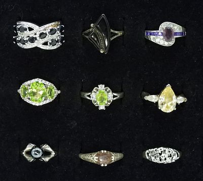 9 Sterling Peridot, Hematite & More Rings. Nine sterling fashion rings. Peridot, citrine 