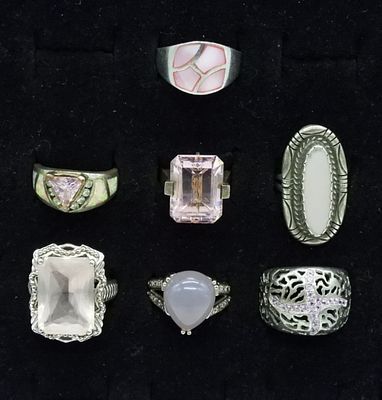 Pink Gemstone 925 Fashion Rings. 8 Sterling Rings. All with various types of pink gemstones. 