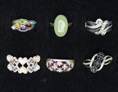 6 Fashion 925 Multi Gemstone Rings. Six fashion multi gemstone sterling rings. Sizes 6-10 (15 dwt)