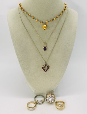 Gold Tone Sterling Rings & Necklaces. Three sterling necklaces, two gold tone, one gold pearl. 