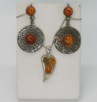 Amber Gemstone 925 Necklace & Earrings. Amber sterling necklace, 18". Pierced sterling earrings 