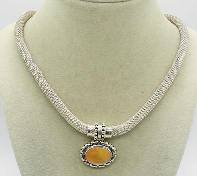 Espo Sterling Mother of Pearl Necklace. Esps Sig. 925 Mesh Necklace with Oval Yellow Mother of 