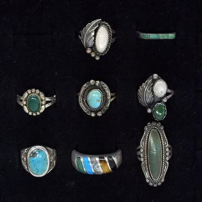 8 Sterling Vintage Turquoise Rings. Eight sterling rings, with turquoise, mother of pearl 