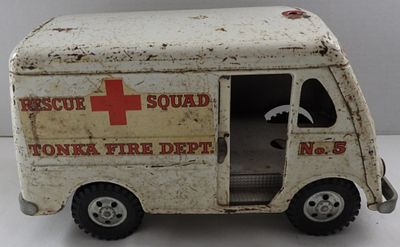 Tonka Fire Dept. Rescue Squad. Vintage pressed steel, doors working, wheels movable, rust and 
