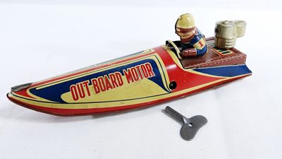 Litho Tin Wind-up "Miss America Outboard Motor". The wind-up tin toy does come with a key and 