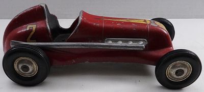 L.M. Cox Thimble Drome Special Race Car. Circa 1950s, #2 red, some paint has worn off, wheels 