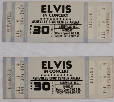 (2) Elvis In Concert, May 30th, 1977 Tickets. Asheville Civic Center Arena, in Asheville N.C.