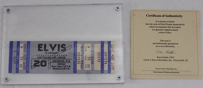 Elvis In Concert, Sept 20th, 1977 Ticket. Huntington Civic Center, W.VA. Main Floor. COA from 