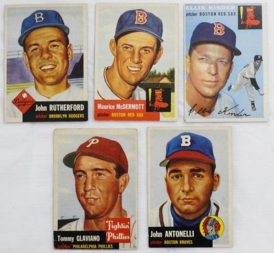 (5) TOPPS Baseball Cards. 1) John Antonelli #106. 2) Ellis Kinder #47. 3) Tommy Glaviano #140. 