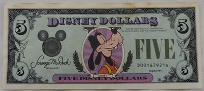 $5 Disney Dollar Goofy Series 1987 Crisp. Does has some discoloration on the top of the bill. 